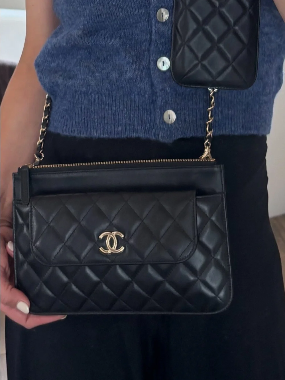 CHANEL Black Quilted Leather Crossbody Set with Gold Chain full set